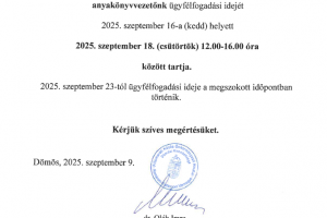 Anyakönyvvezető ügyfélfogadási időpont változás